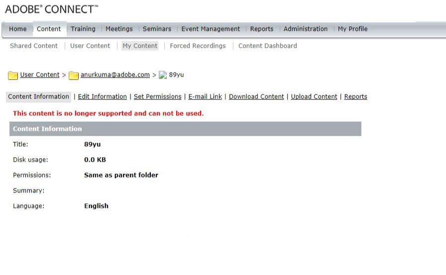 Le chargement de contenu créé à l’aide d’Adobe Presenter version 7 ou antérieure n’est plus pris en charge et génère donc une erreur.