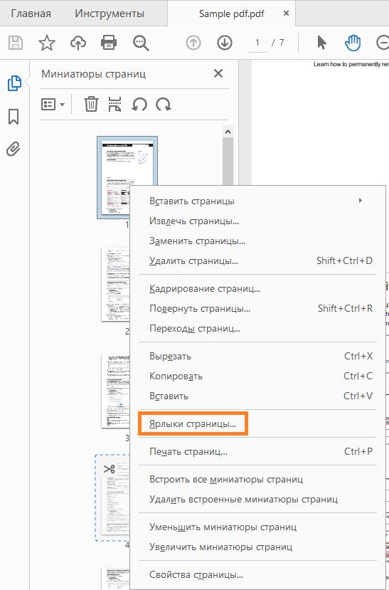 Выбор параметра «Ярлыки страниц»