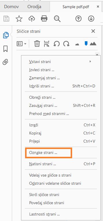 Izberite možnost Oznake strani