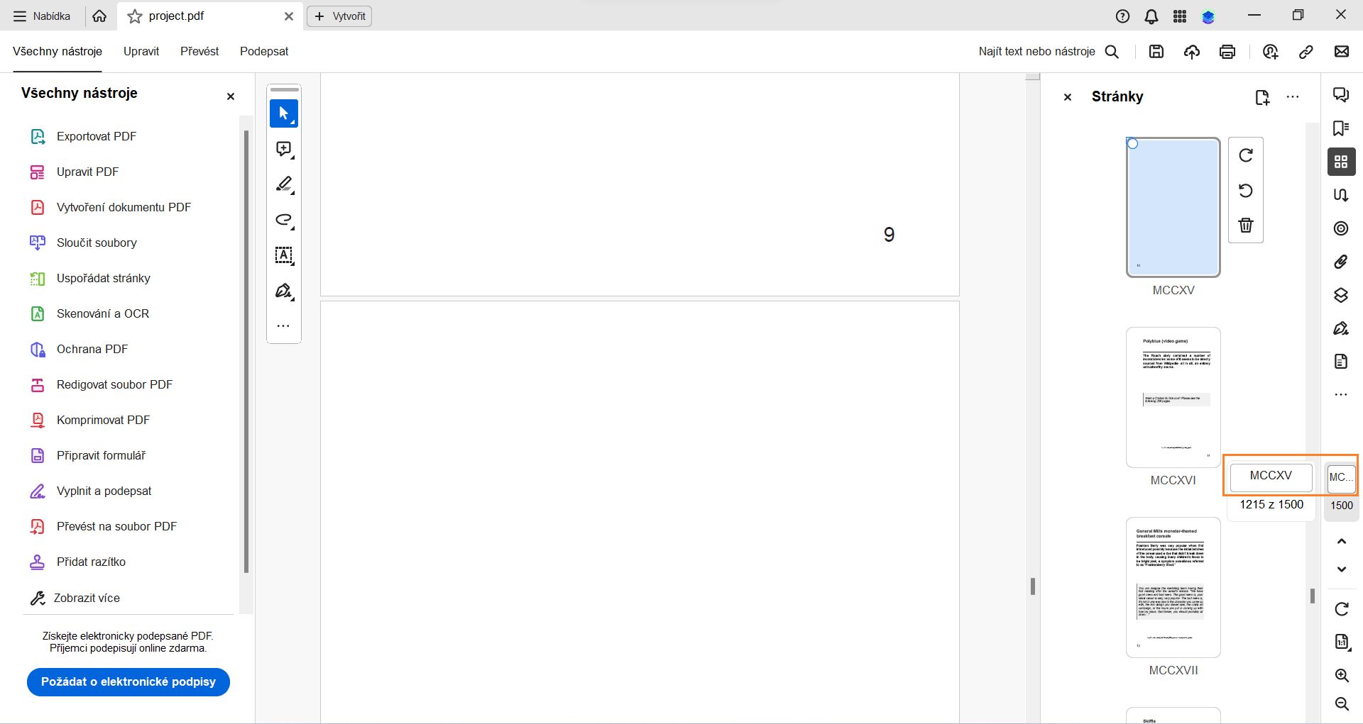Popisky stránek v pravém panelu