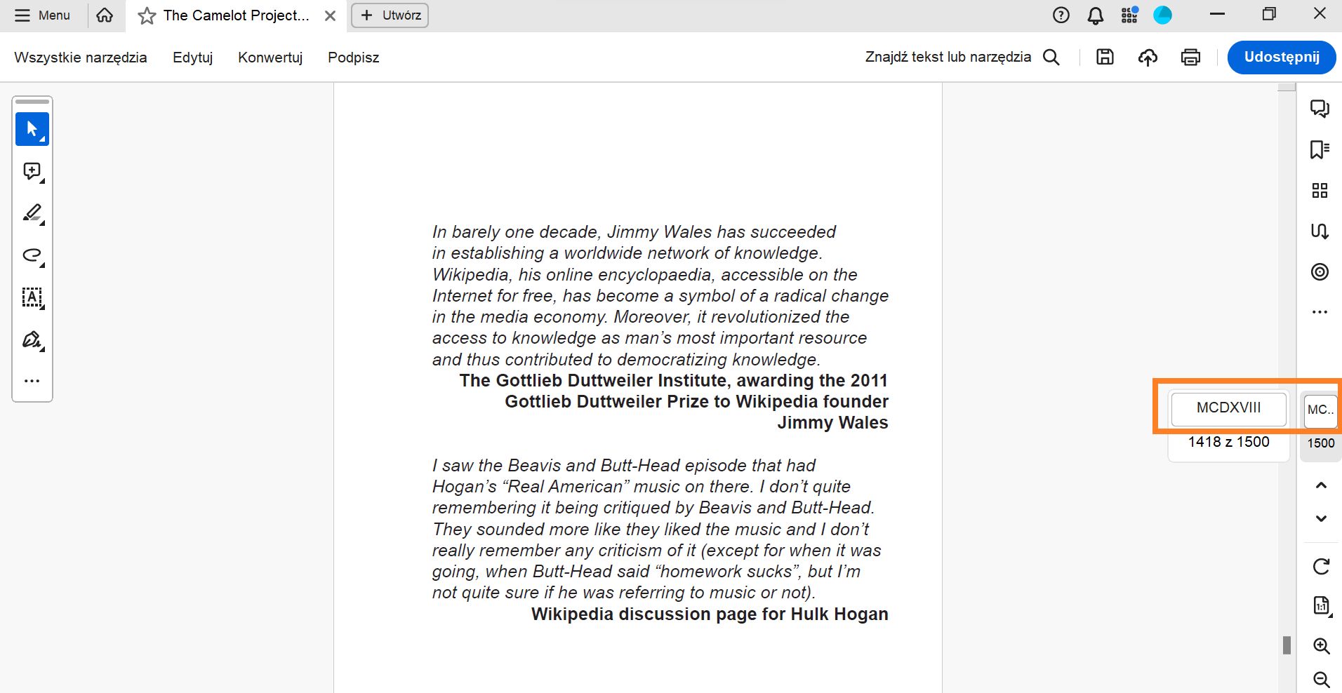 Etykiety stron w prawym panelu