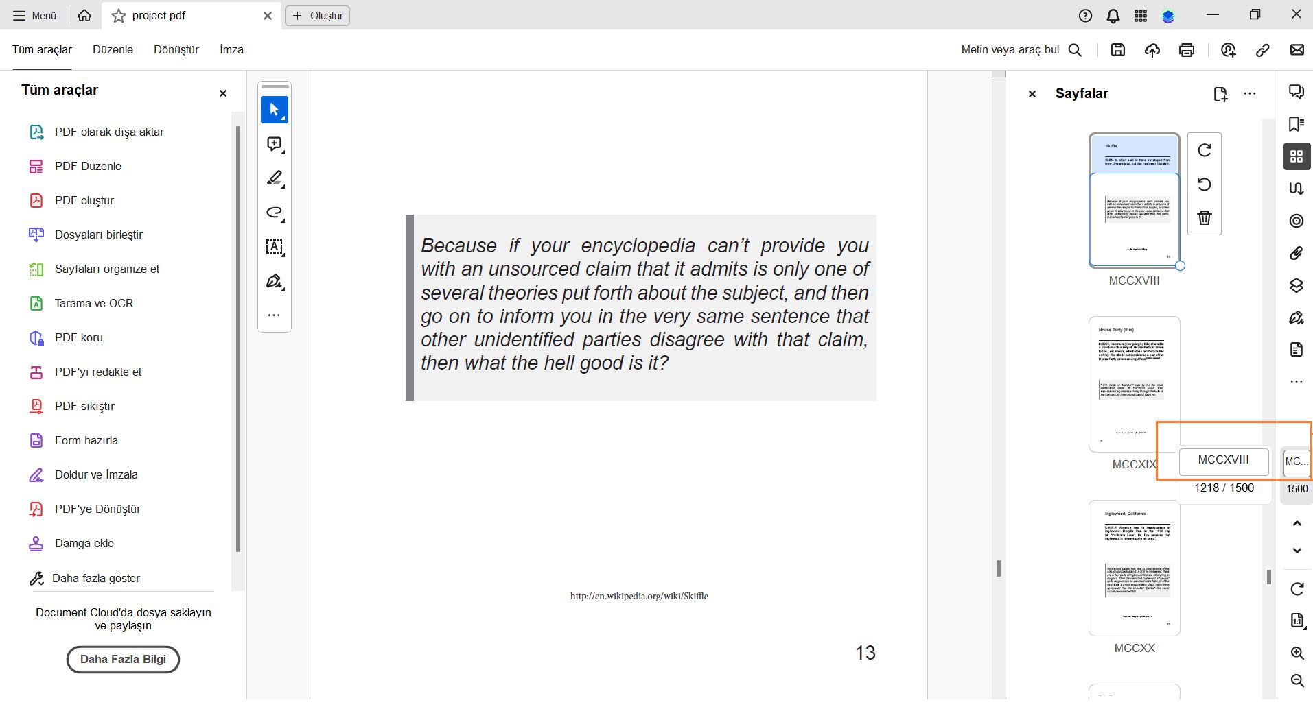 Sağ bölmedeki sayfa etiketleri