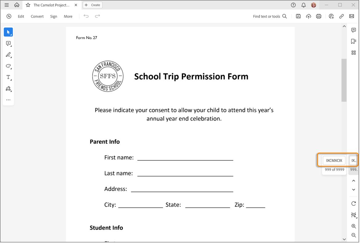תוויות עמודים בחלונית הימנית