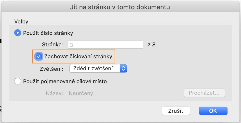 Možnost zachovat číslo cílové stránky při úpravě zvětšení záložek