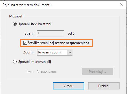 Možnost za ohranitev številke ciljne strani, ko prilagodite raven povečave zaznamkov