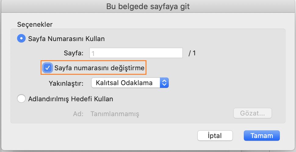 Yer imleri yakınlaştırma düzeyini ayarlarken hedef sayfa numarasını koruma seçeneği