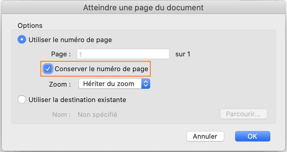 Option de conservation du numéro de page de destination lors du réglage du niveau de zoom des signets