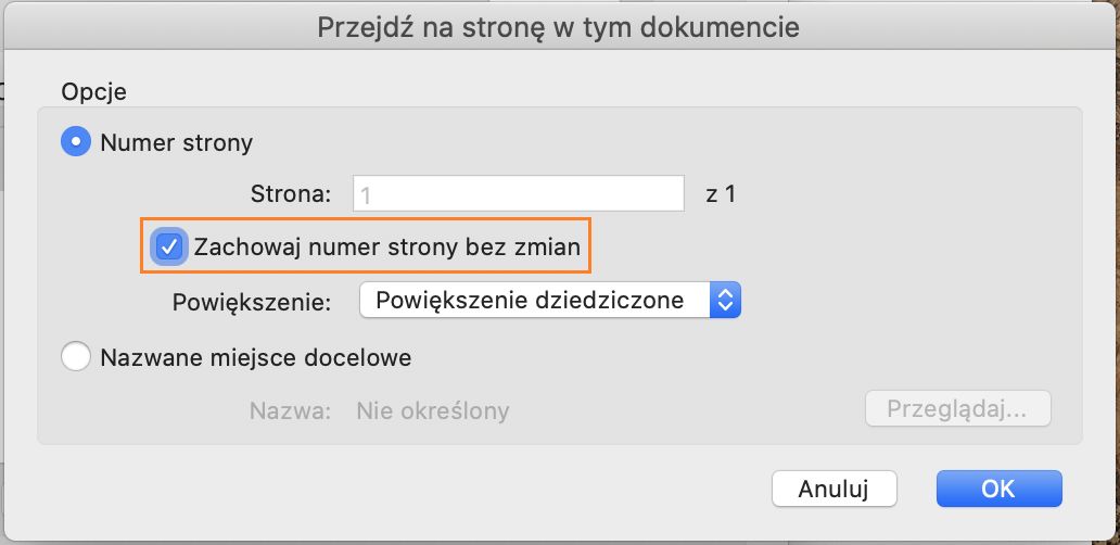 Opcja zachowania numeru strony docelowej przy dostosowywaniu poziomu powiększenia zakładek