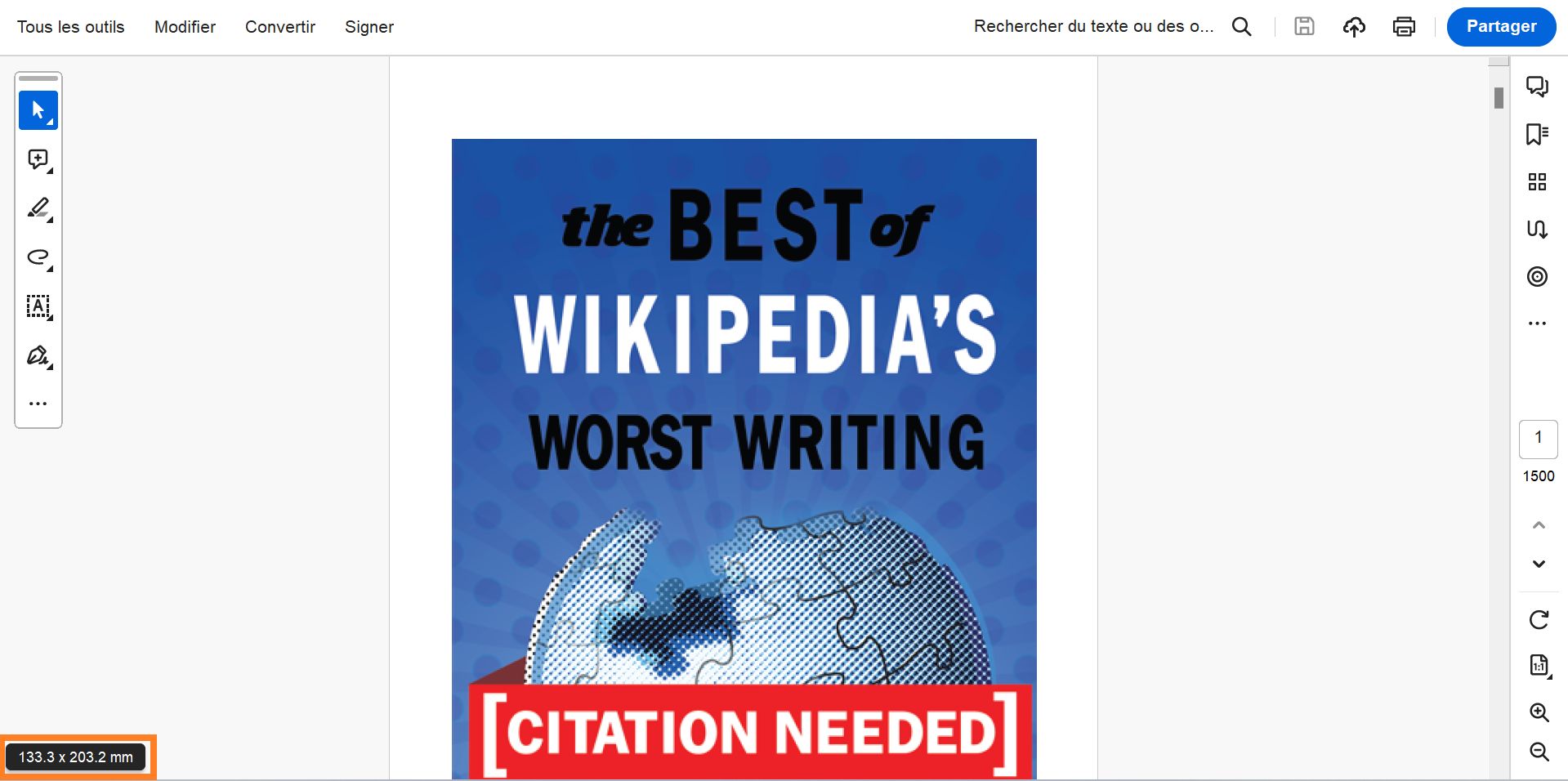 Les dimensions de la page s’affichent dans l’angle inférieur gauche de l’écran lorsque vous passez la souris