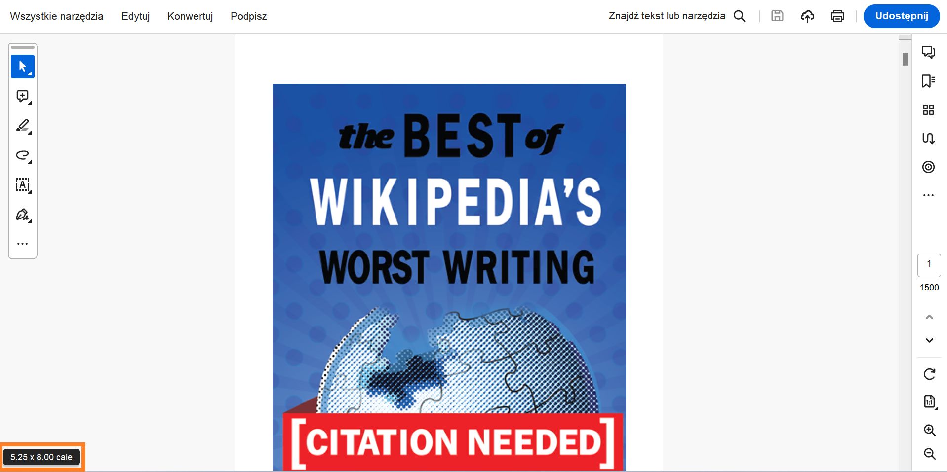 Wymiary strony są wyświetlane w lewym dolnym rogu ekranu po najechaniu myszą
