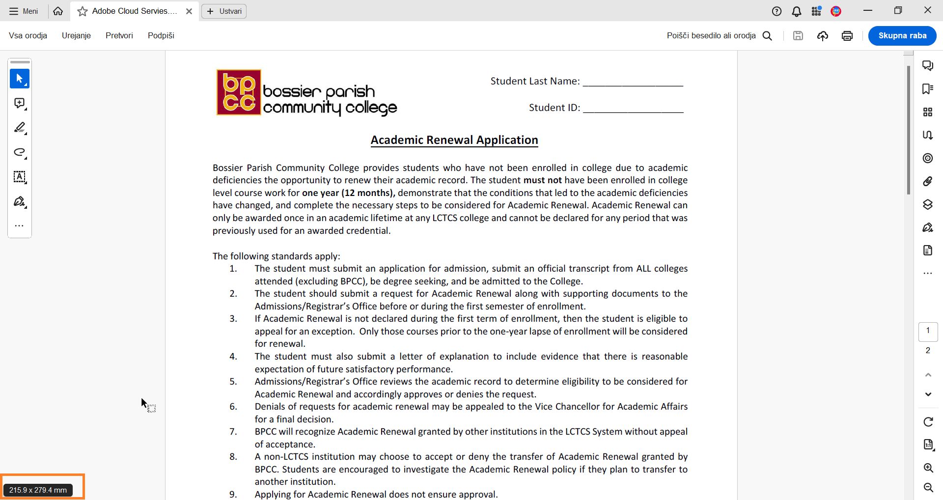 Mere strani se prikažejo, ko se miško postavite v spodnji levi kot zaslona