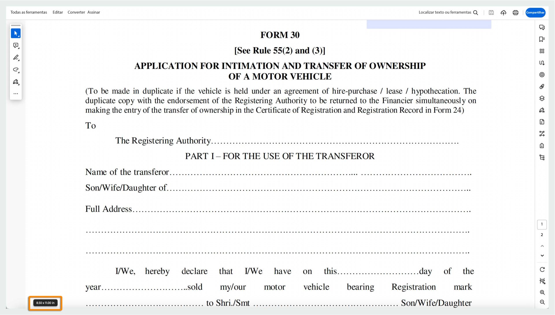 As dimensões da página aparecem no canto inferior esquerdo da tela ao passar o mouse