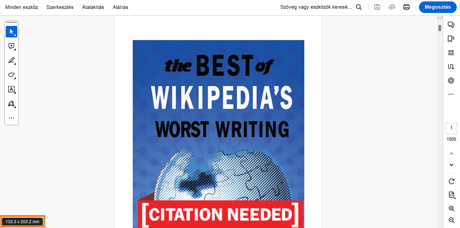 Az oldalméretek a képernyő bal alsó sarkában jelennek meg, ha az egérrel rámutat