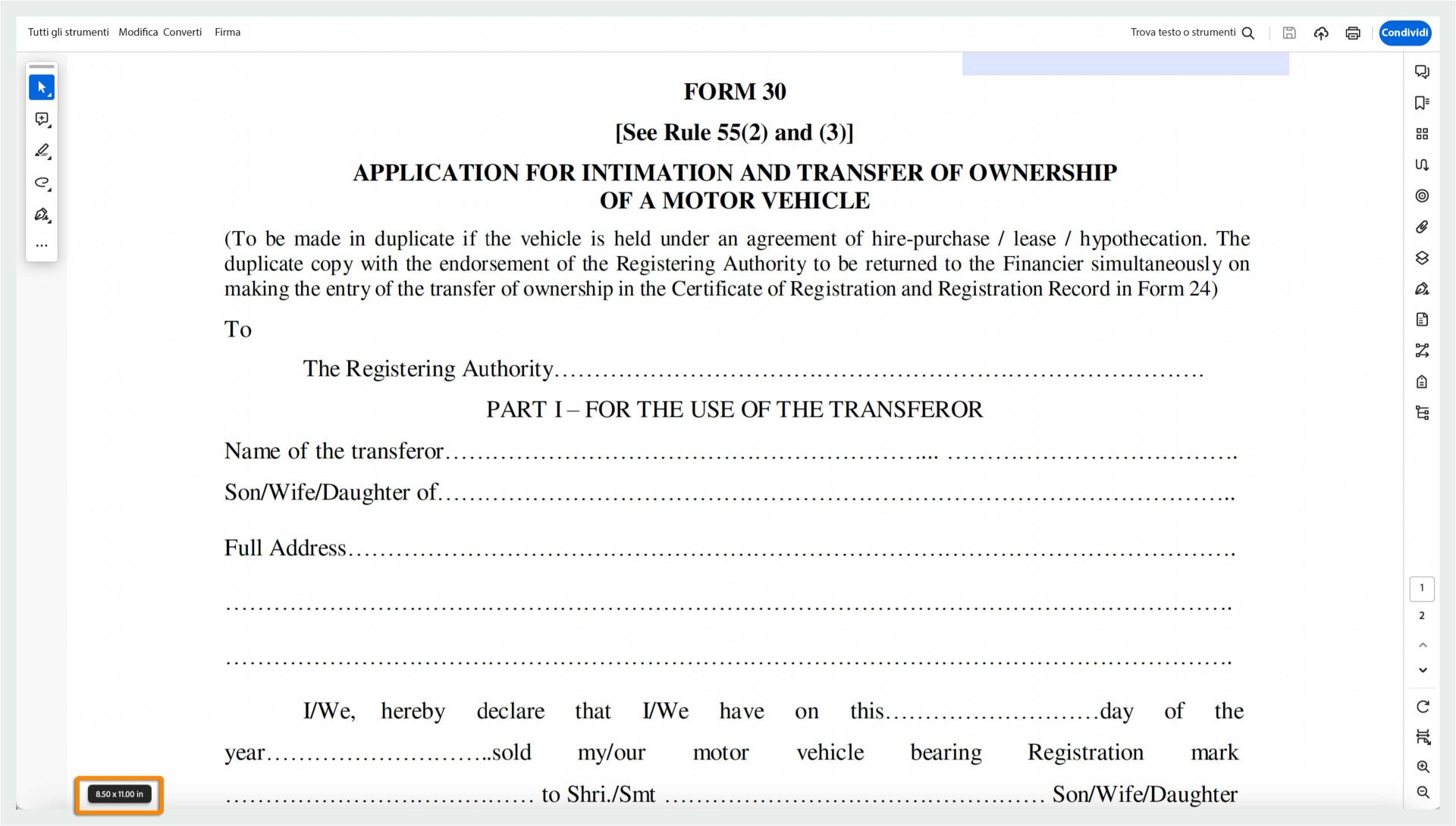 Le dimensioni della pagina vengono visualizzate nell’angolo inferiore a sinistra dello schermo al passaggio del mouse