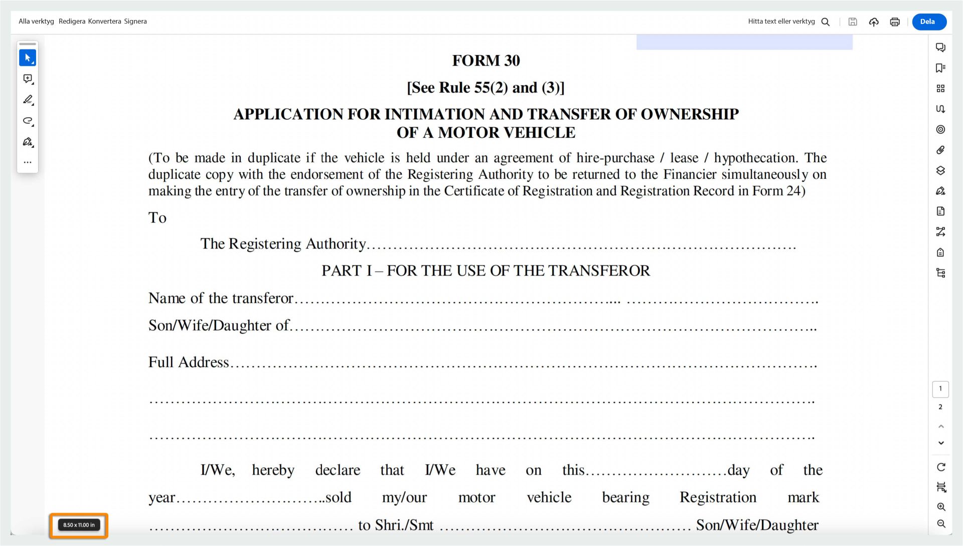 Siddimensioner visas i det nedre vänstra hörnet av skärmen när du håller muspekaren över 