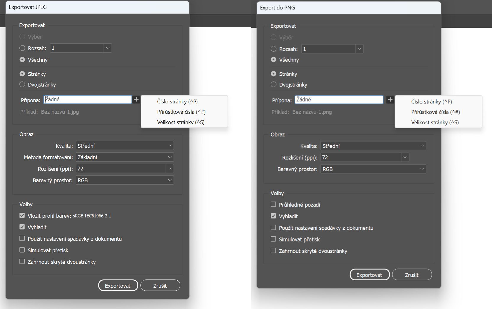 Dvě obrazovky s uvedením různých možností při výběru exportu do formátu JPEG nebo PNG