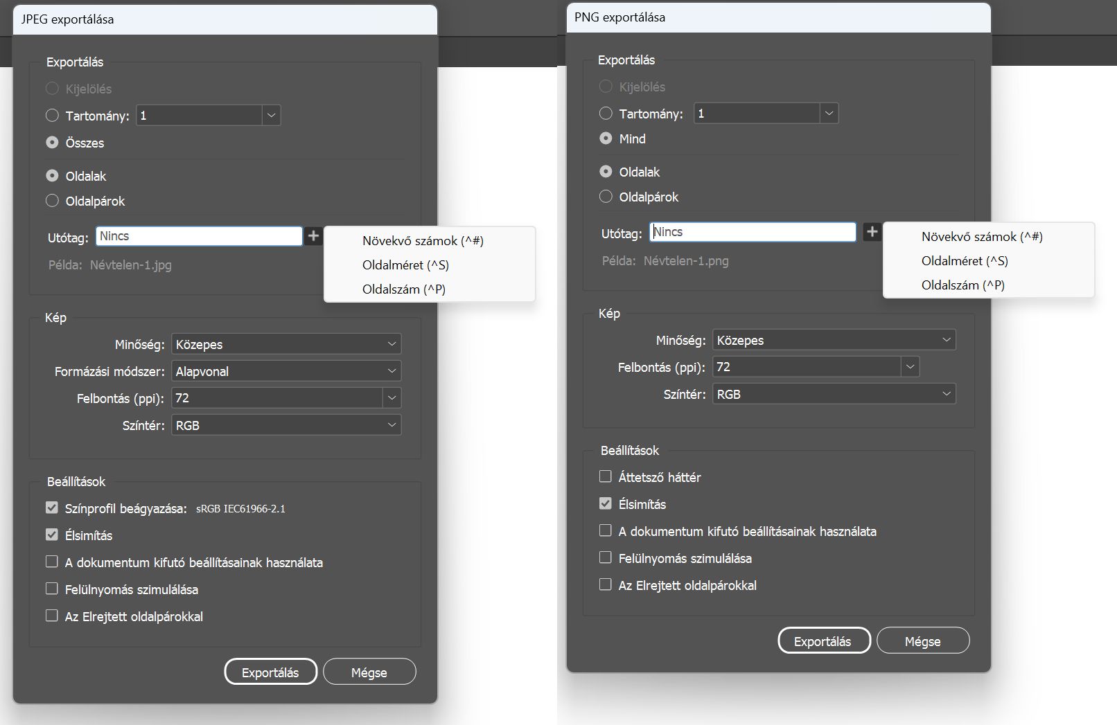 Két képernyő, amelyek a különböző beállításokat mutatják a JPEG vagy PNG formátumban történő exportálás kiválasztásakor