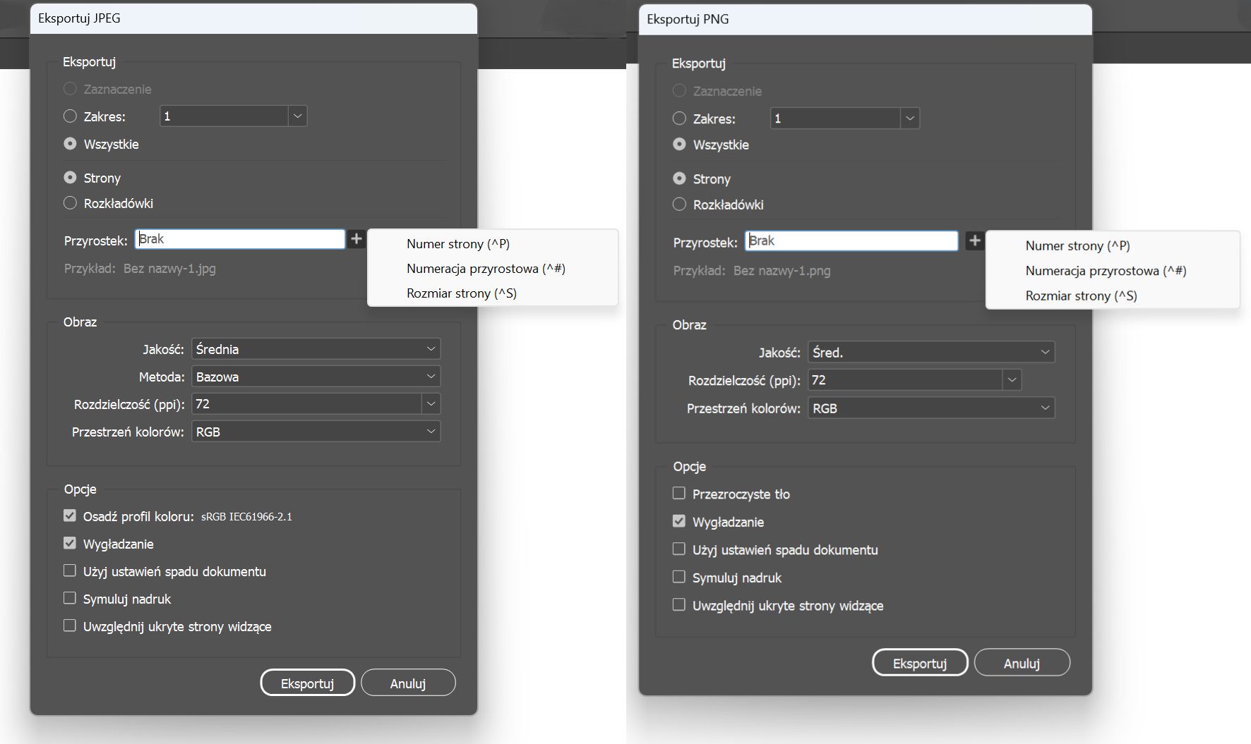 Ekran zawierający różne opcje po wybraniu opcji eksportu do formatu JPEG lub PNG
