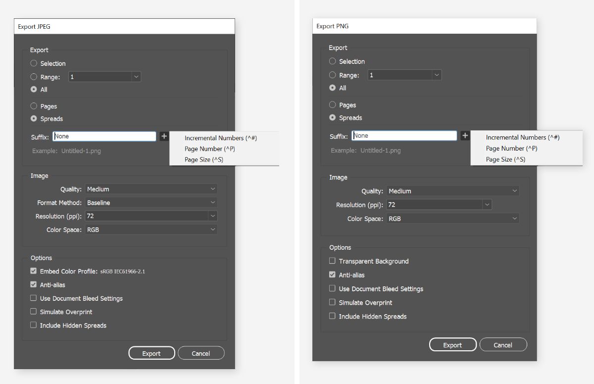 Deux écrans affichant diverses options lorsque vous sélectionnez l’exportation au format JPEG ou PNG