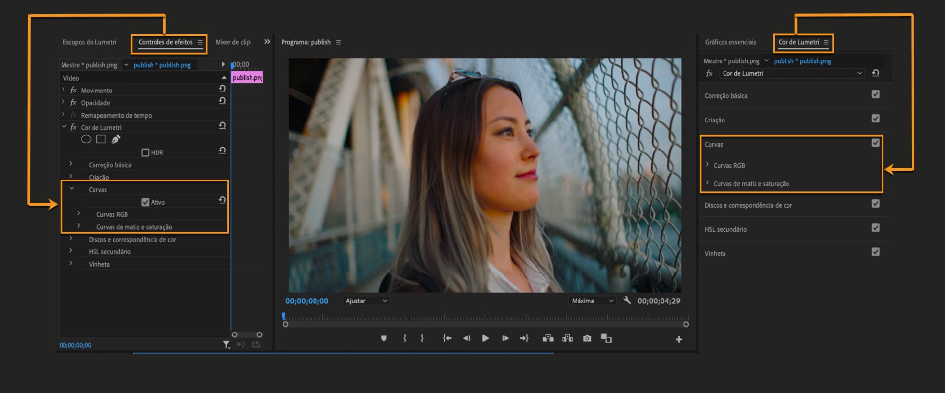 Editar curvas usando o painel Cor de Lumetri e no painel Controle de efeitos