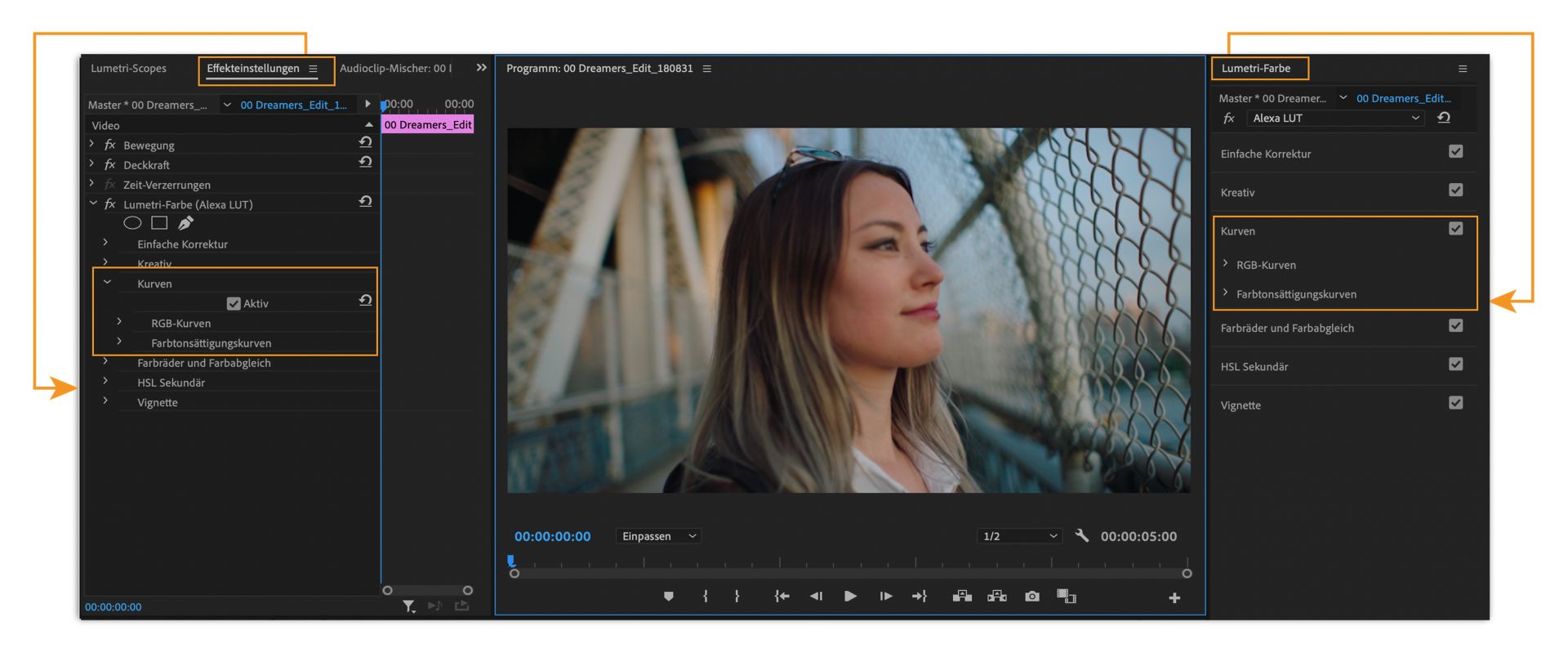 Bearbeiten von Kurven mithilfe des Bedienfelds „Lumetri-Farbe“ und des Effekteinstellungsfensters