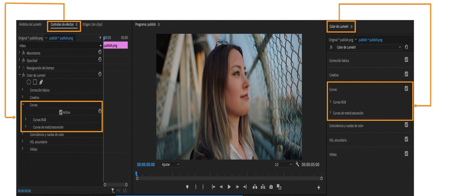 Edición de curvas mediante el panel Lumetri Color y el panel Controles de efectos