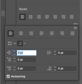 Lista egenskaper i panelen Stycke