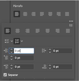 Propiedades de lista en el panel párrafo