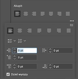 Lista właściwości w panelu Akapit