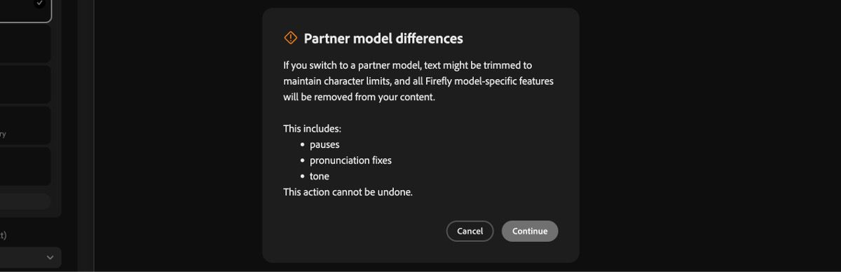 Het dialoogvenster Partnermodel toont opties om door te gaan of te annuleren bij het gebruik van Adobe-partnermodellen voor spraakgeneratie.