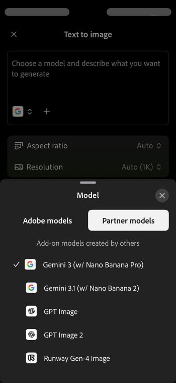 Tekst til bilde i Firefly viser Modell-menyen med Partnermodeller-delen åpen og Gemini 3 (Nano Banana Pro) valgt.