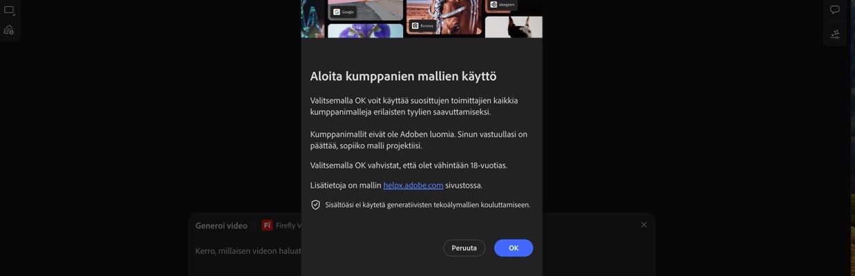 Aloita kumppanien mallien käyttö -ikkuna on auki, ja voit valita, haluatko jatkaa vai peruuttaa.