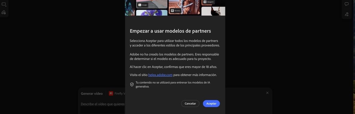La opción Empezar a usar modelos de partners está disponible, y tiene puede elegir entre continuar y cancelar.