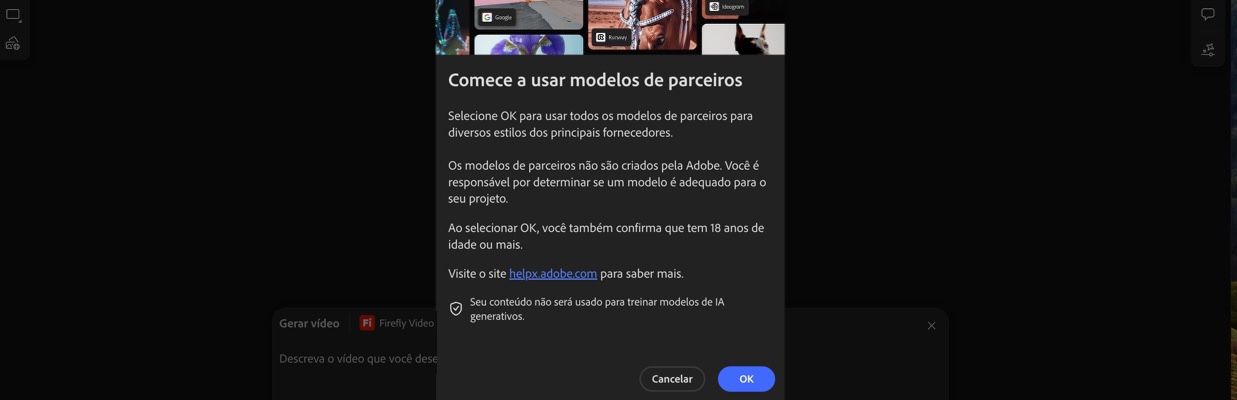 A opção Começar usando modelos de parceiros está aberta e você pode continuar ou cancelar.