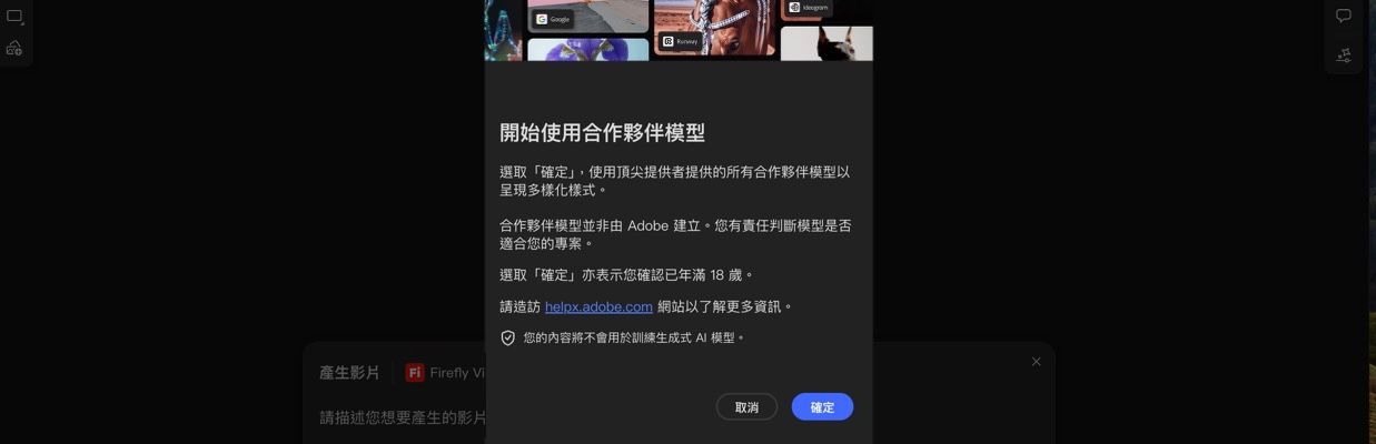 「開始使用合作夥伴模型」為開啟狀態，您可以選擇繼續或取消。