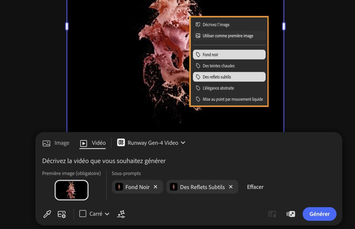 L’image est sélectionnée à partir du canevas et l’option Utiliser comme référence d’image ainsi que les sous-prompts sont choisis.