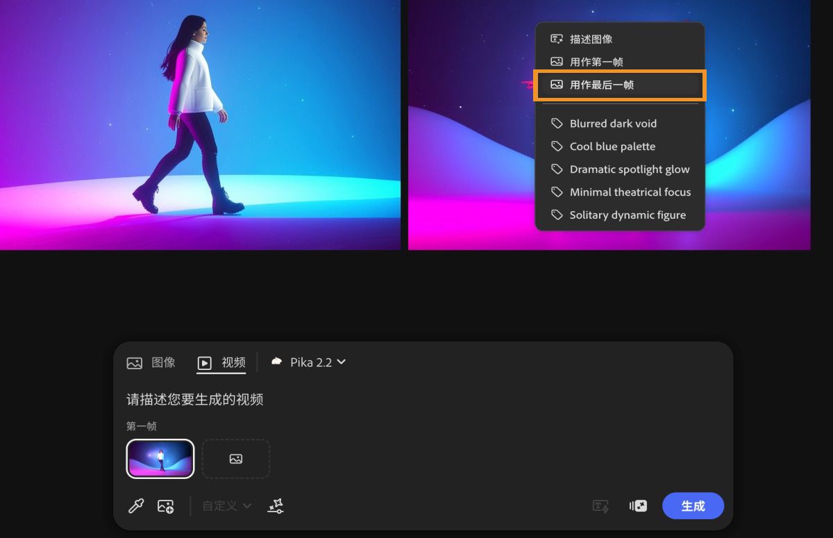 用作第一帧的图像会显示在画布上。选中其中一张图像，然后从上下文菜单中选择“用作最后一帧”选项。