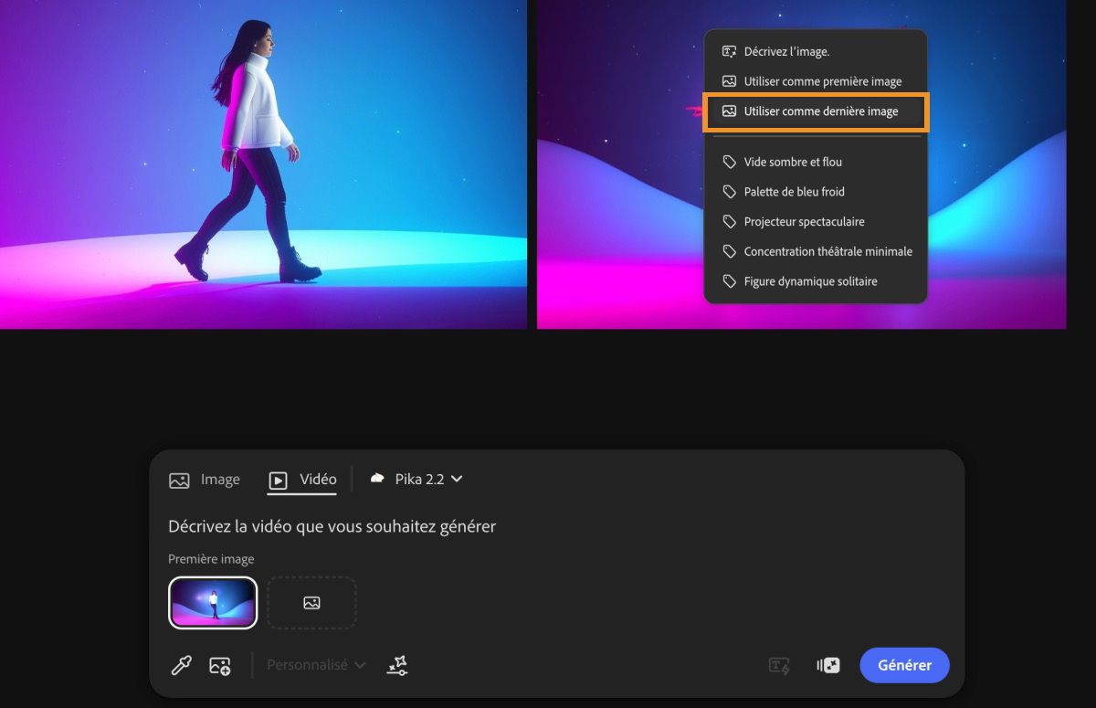 L’image utilisée pour le premier cadre est visible dans le canevas. Une des images est sélectionnée et dans le menu contextuel, l’option Utiliser comme dernier cadre est sélectionnée.