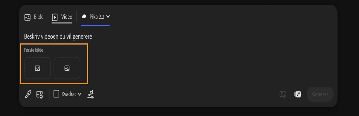 Pika 2.2 er valgt, og i hjelpetekstlinjen er det alternativer for å legge til første og siste bilde for videogenerering.