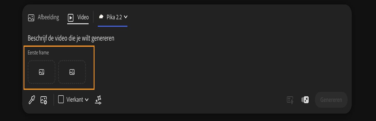 Pika 2.2 is geselecteerd en in de opdrachtbalk zijn er opties om het eerste en laatste frame voor het genereren van video toe te voegen.