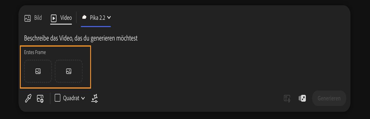 Pika 2.2 ist ausgewählt, und in der Beschreibungsleiste gibt es Optionen, um den ersten und den letzten Frame für die Videogenerierung hinzuzufügen.
