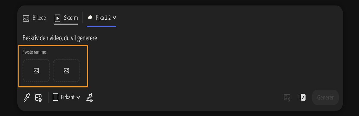 Pika 2.2 er valgt, og på promptlinjen er der mulighed for at tilføje første og sidste ramme til videogenerering.