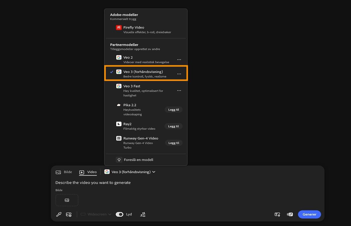Video-alternativet er valgt i hjelpetekstfeltet, og fra listen over Adobe- og ikke-Adobe-modeller er Veo 3 valgt.