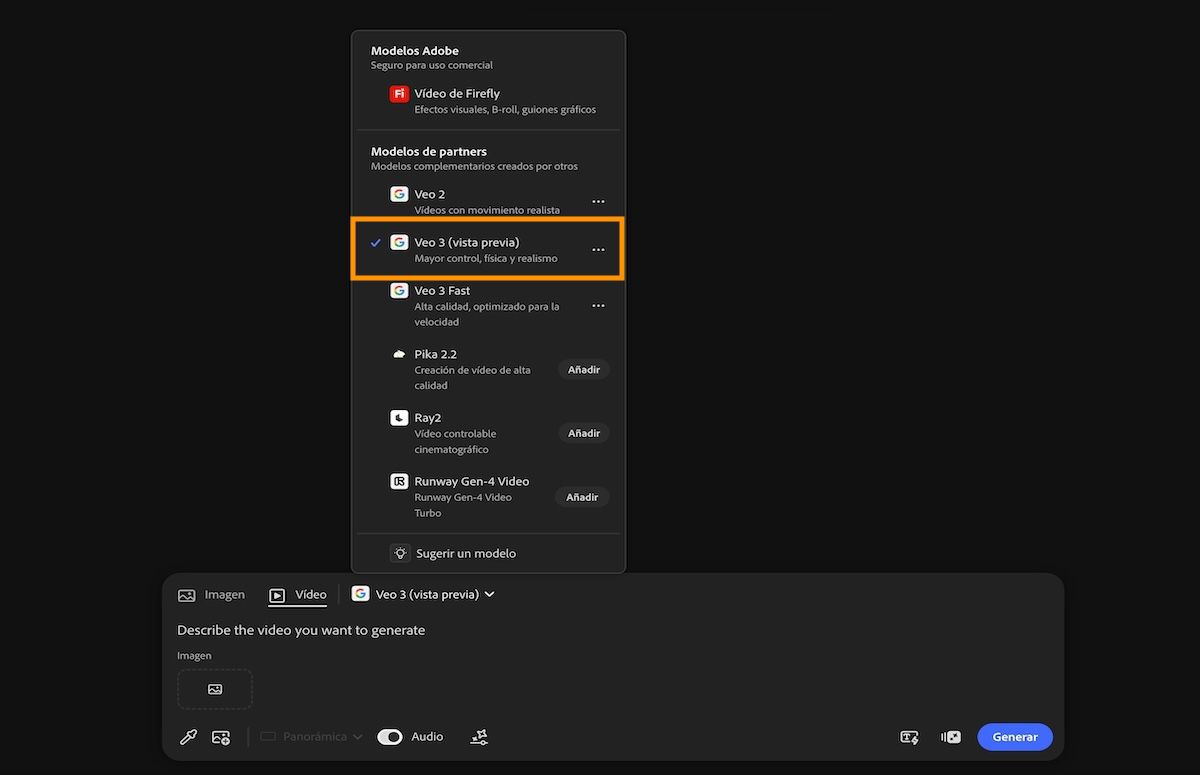 La opción Vídeo está seleccionada en la barra de indicaciones, y en la lista de modelos de Adobe y que no son de Adobe se ha seleccionado Veo 3.