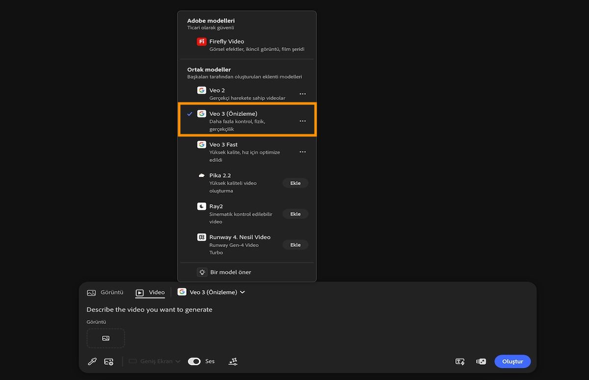 İstem çubuğunda Video seçeneği seçilidir ve Adobe ile Adobe dışı modeller listesinden Veo 3 seçilidir.