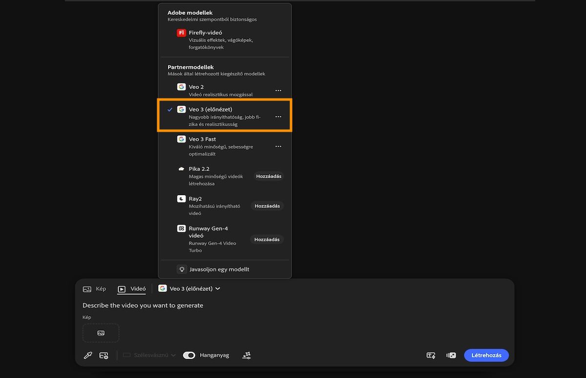 A Videó opció van a parancssorban kiválasztva, és az Adobe- és Nem Adobe-modellek listájában a Veo 3 modell van kijelölve.