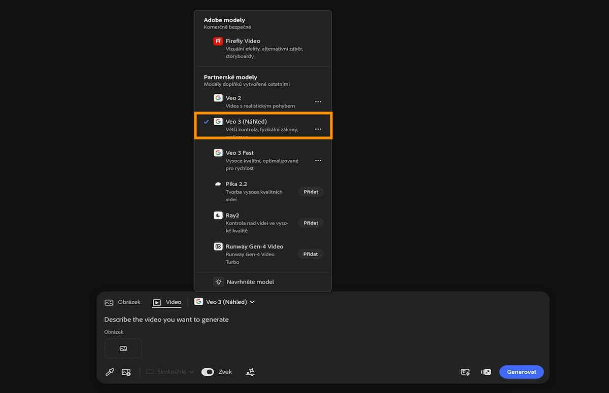 V panelu zadání je vybrána možnost Video a ze seznamu modelů Adobe a jiných výrobců je vybrán Veo 3.