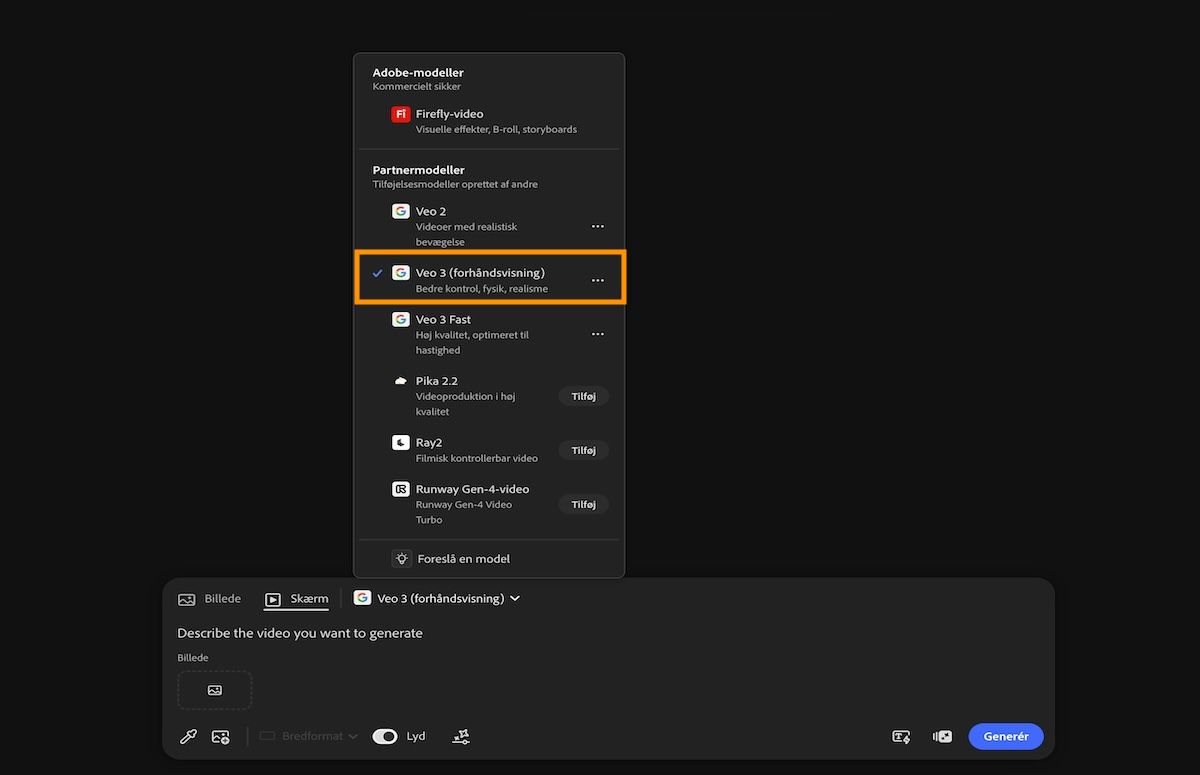 Indstillingen Video er valgt på promptlinjen, og fra listen over Adobe- og ikke-Adobe-modeller er Veo 3 valgt.
