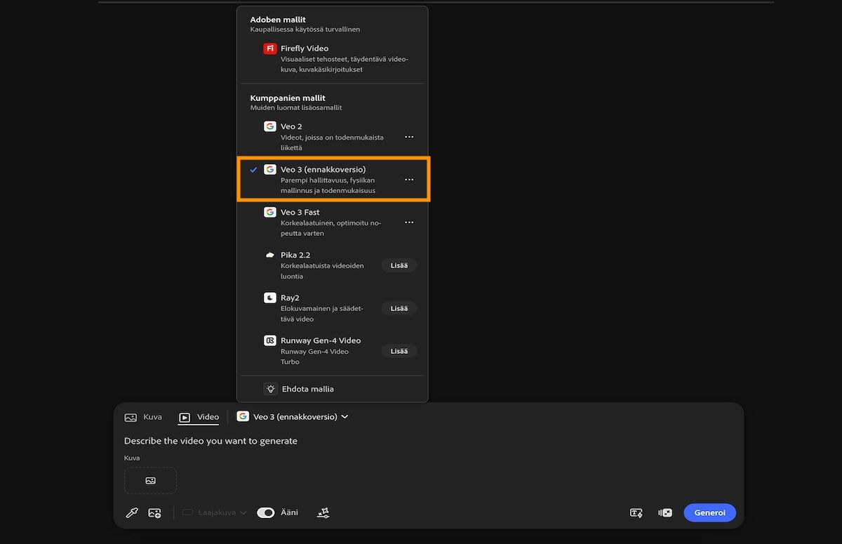 Kehotepalkin Video-vaihtoehto on valittu, ja Adobe- ja muiden mallien luettelosta on valittu Veo 3.
