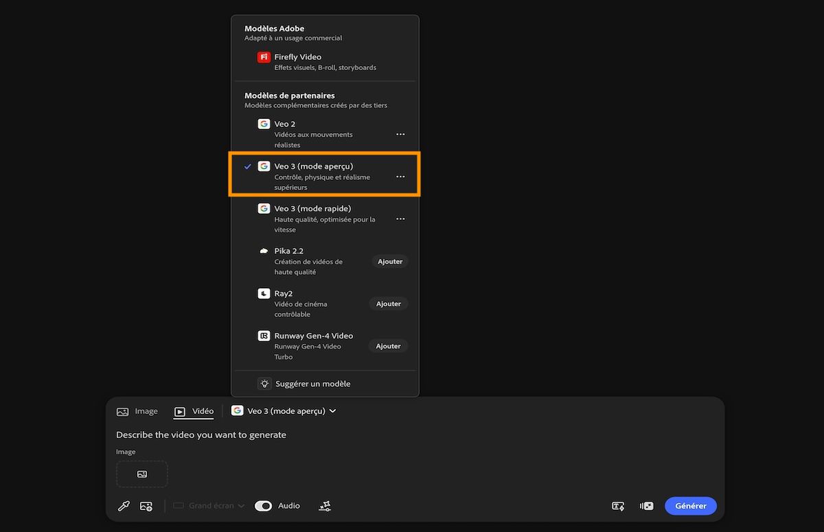 L’option Vidéo est sélectionnée dans la barre de prompt et dans la liste des modèles Adobe et non Adobe, Veo 3 est sélectionné.